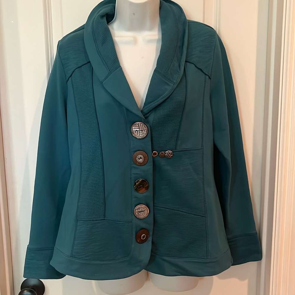 BOUTIQUE NEON BUDDHA ARTSY BOHO MIXED MEDIA FUNKY TRAVEL BLAZER JACKET SZ MEDIUM